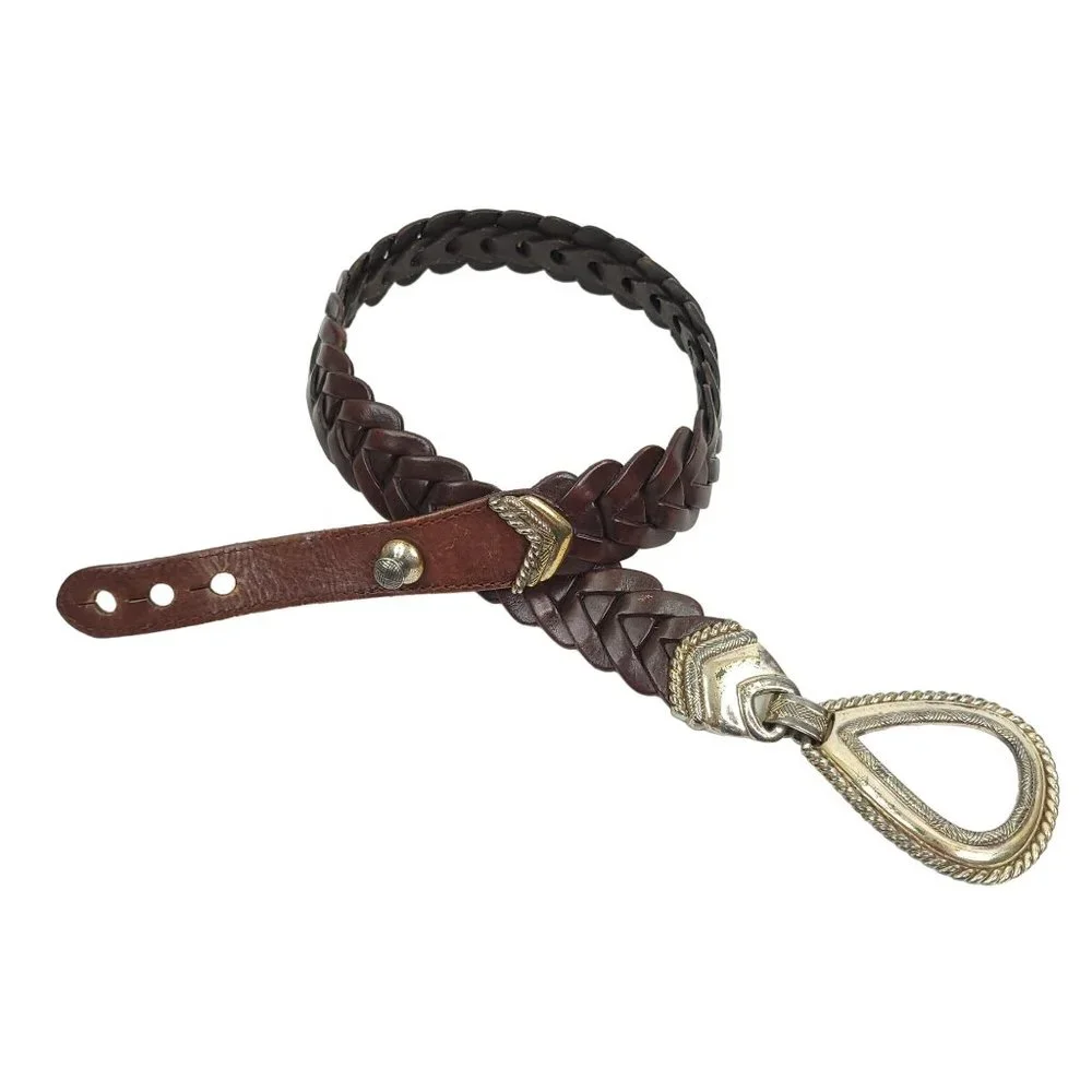 Braided Brown Leather Belt Vintage R.O.C. Womens Sz S Western Silver Tone Buckle